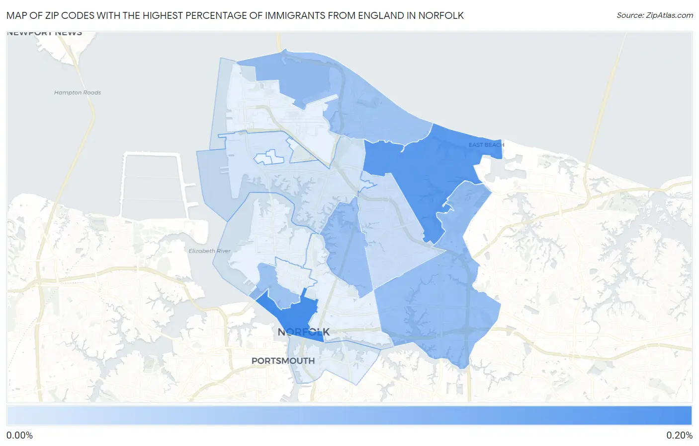 Zip Codes with the Highest Percentage of Immigrants from England in Norfolk Map
