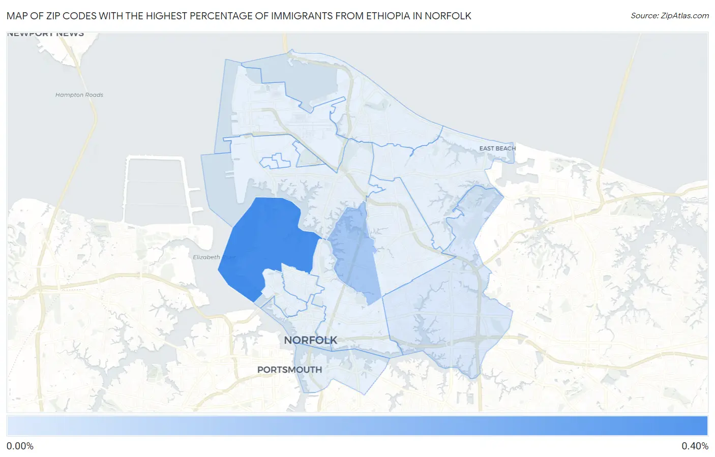 Zip Codes with the Highest Percentage of Immigrants from Ethiopia in Norfolk Map
