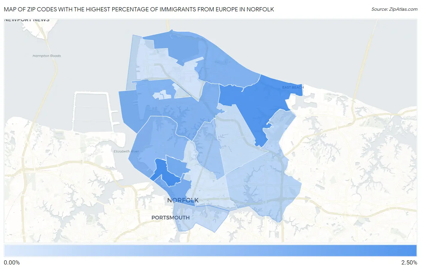 Zip Codes with the Highest Percentage of Immigrants from Europe in Norfolk Map