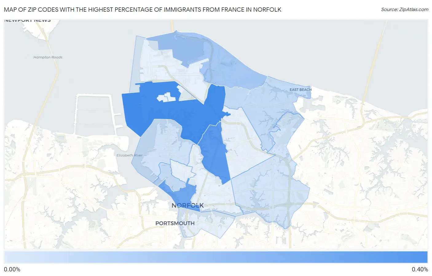 Zip Codes with the Highest Percentage of Immigrants from France in Norfolk Map