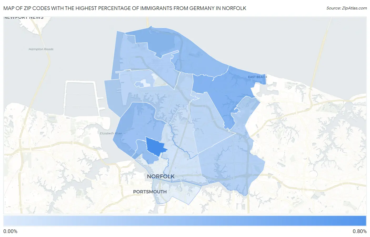 Zip Codes with the Highest Percentage of Immigrants from Germany in Norfolk Map