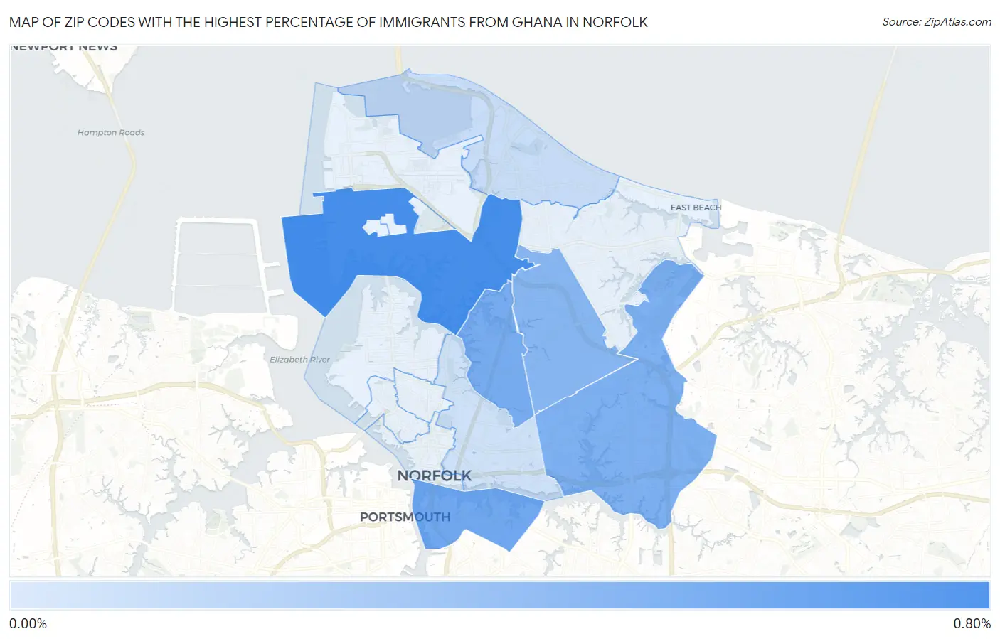 Zip Codes with the Highest Percentage of Immigrants from Ghana in Norfolk Map