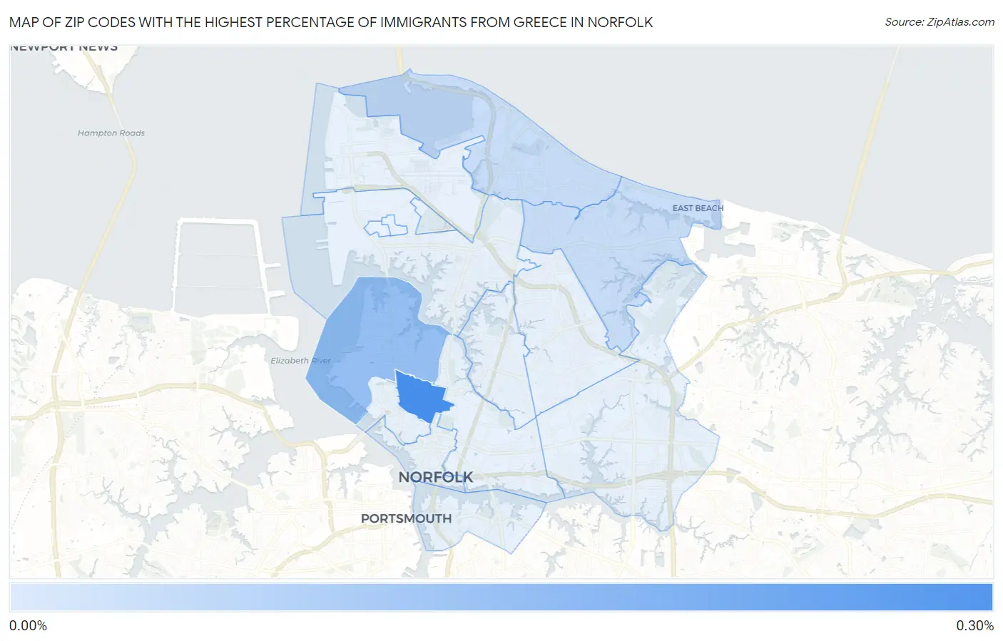Zip Codes with the Highest Percentage of Immigrants from Greece in Norfolk Map