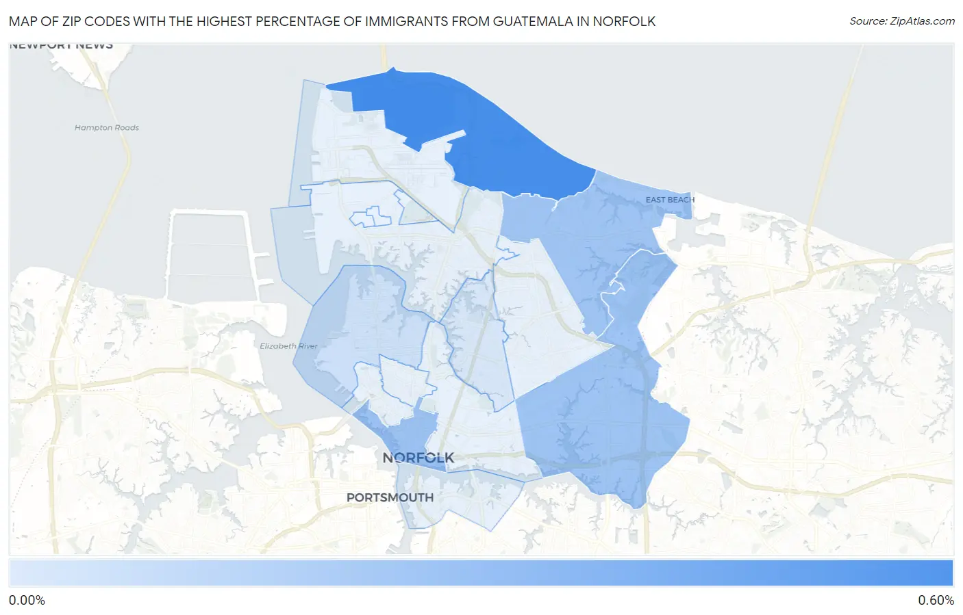 Zip Codes with the Highest Percentage of Immigrants from Guatemala in Norfolk Map