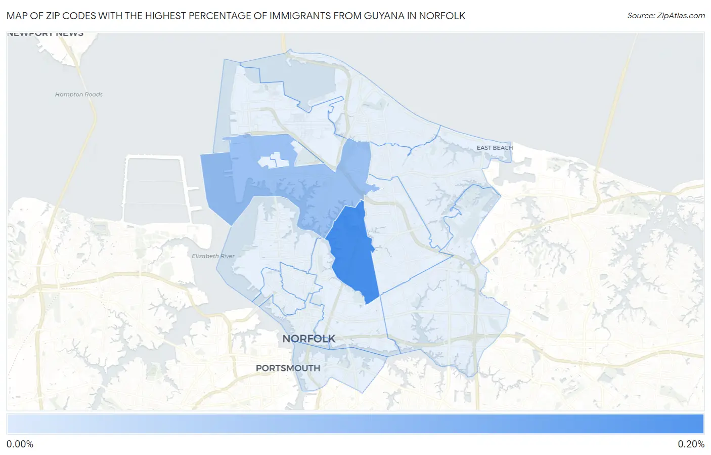 Zip Codes with the Highest Percentage of Immigrants from Guyana in Norfolk Map
