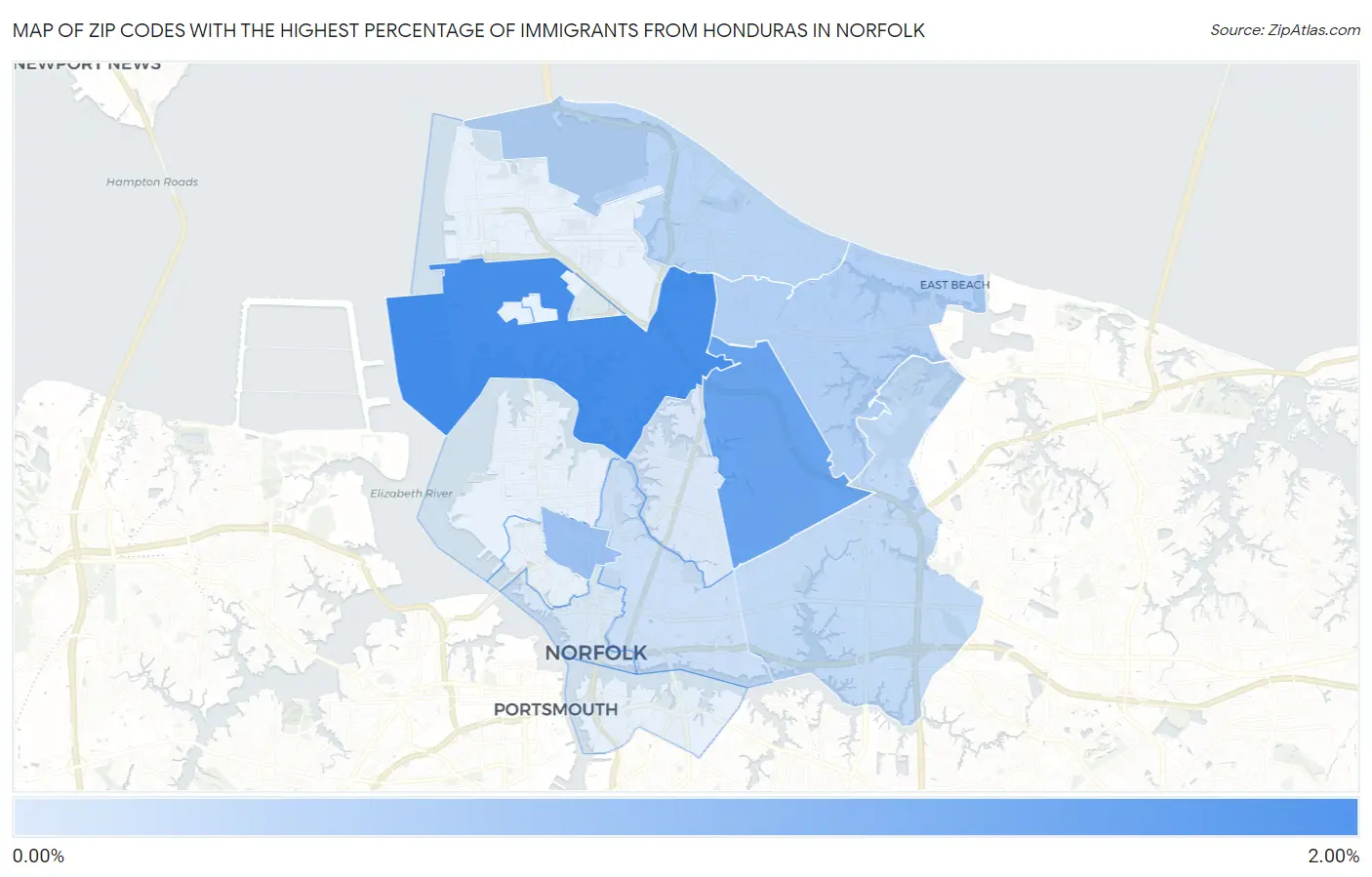 Zip Codes with the Highest Percentage of Immigrants from Honduras in Norfolk Map