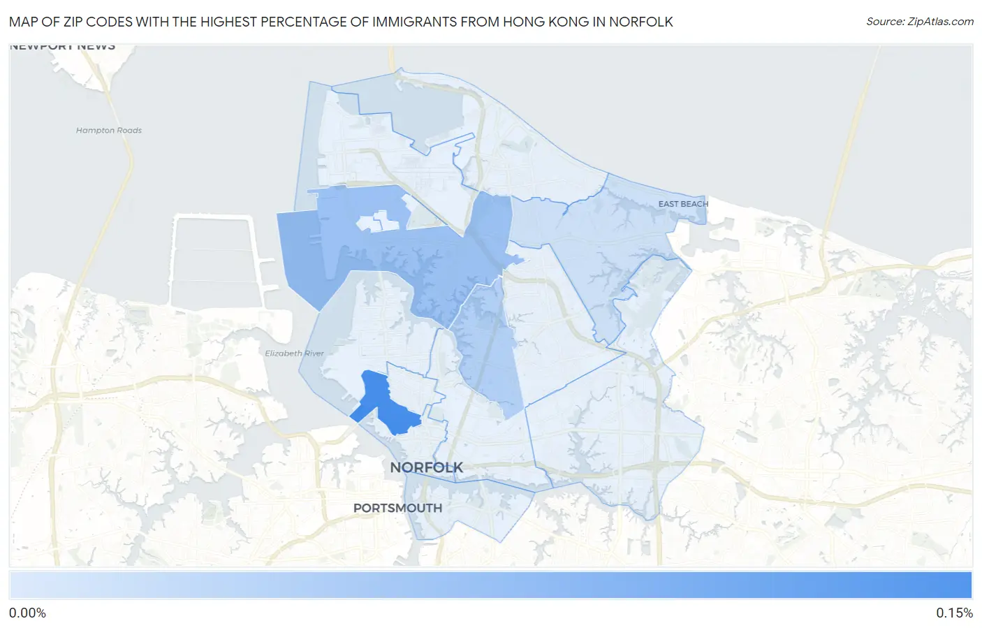 Zip Codes with the Highest Percentage of Immigrants from Hong Kong in Norfolk Map