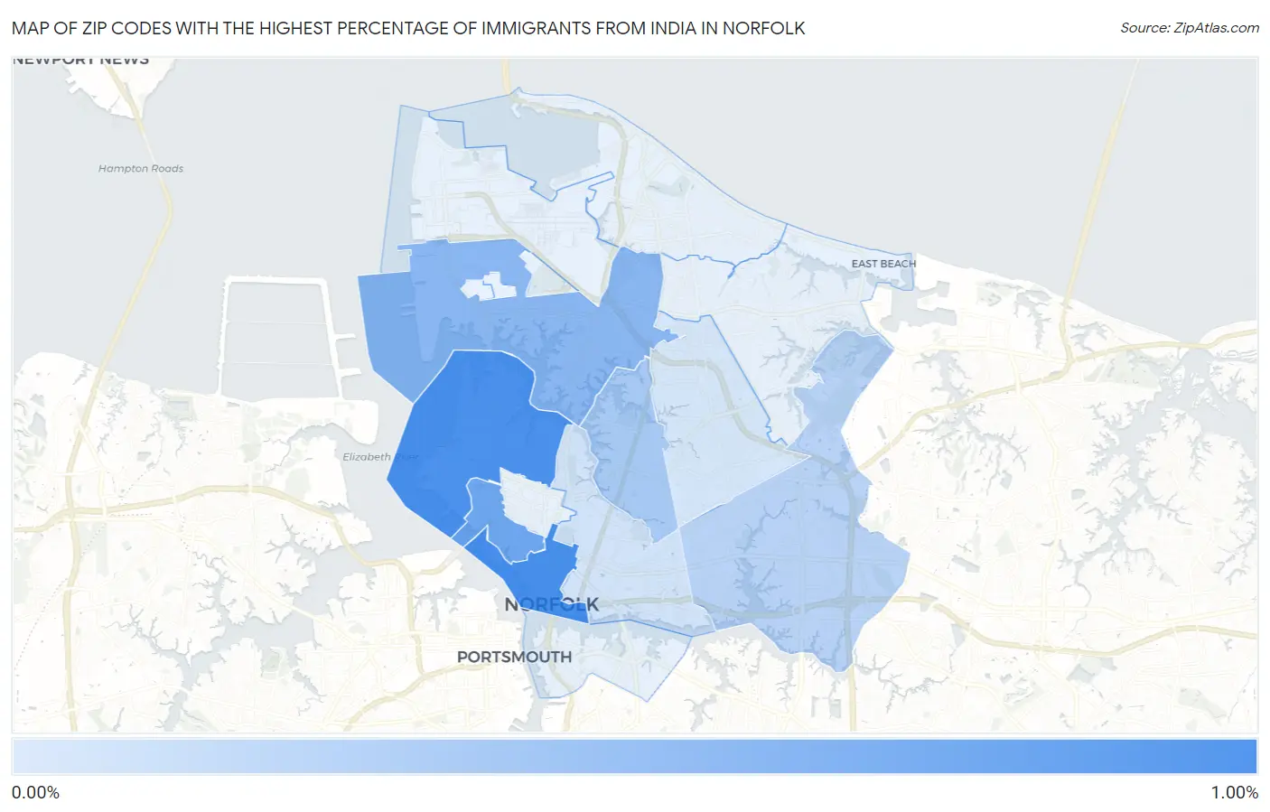 Zip Codes with the Highest Percentage of Immigrants from India in Norfolk Map