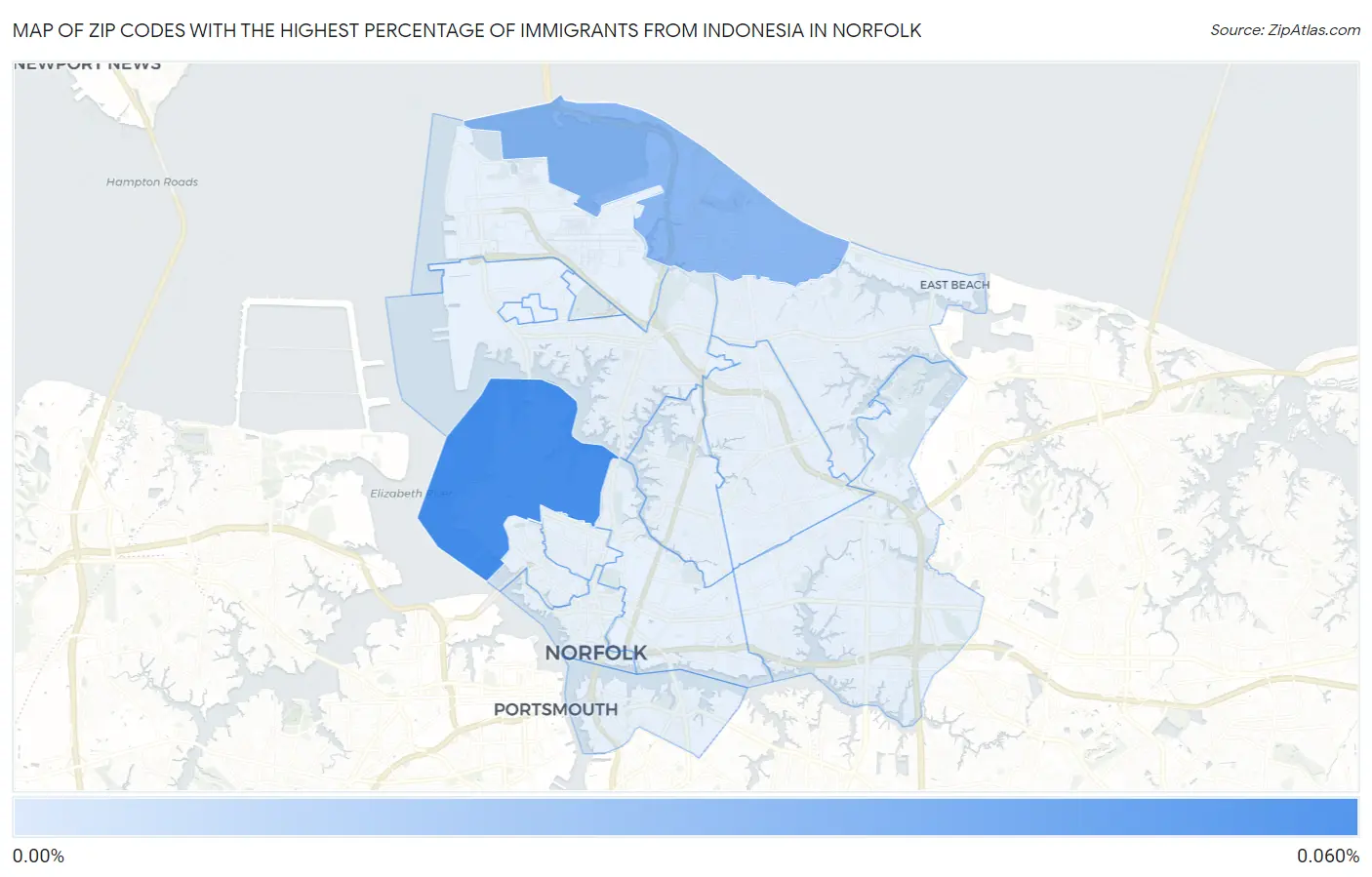 Zip Codes with the Highest Percentage of Immigrants from Indonesia in Norfolk Map