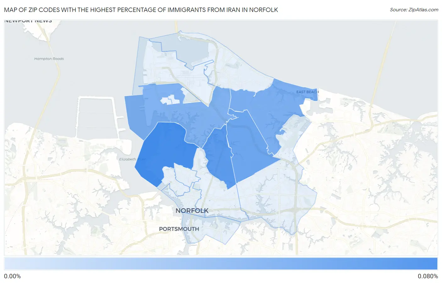 Zip Codes with the Highest Percentage of Immigrants from Iran in Norfolk Map