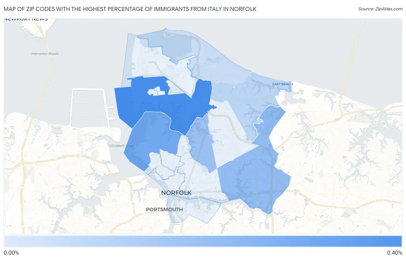 Zip Codes with the Highest Percentage of Immigrants from Italy in Norfolk Map