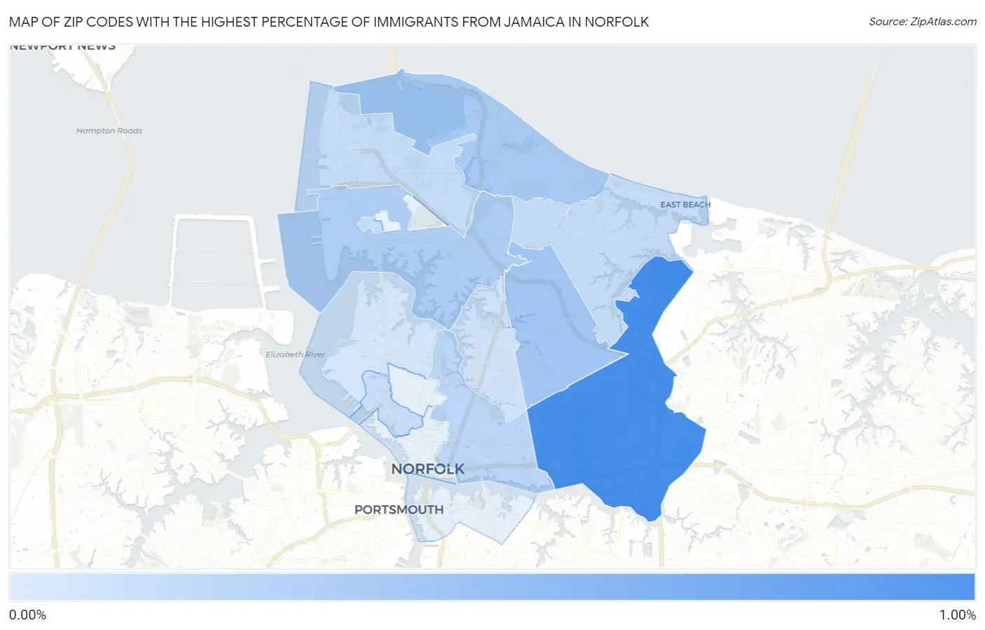 Zip Codes with the Highest Percentage of Immigrants from Jamaica in Norfolk Map