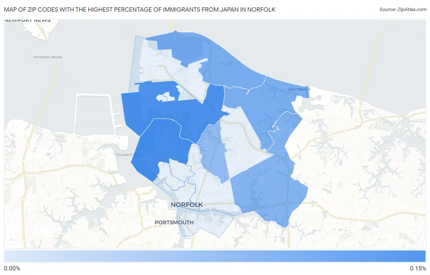 Zip Codes with the Highest Percentage of Immigrants from Japan in Norfolk Map