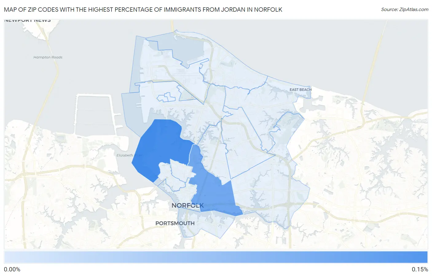 Zip Codes with the Highest Percentage of Immigrants from Jordan in Norfolk Map