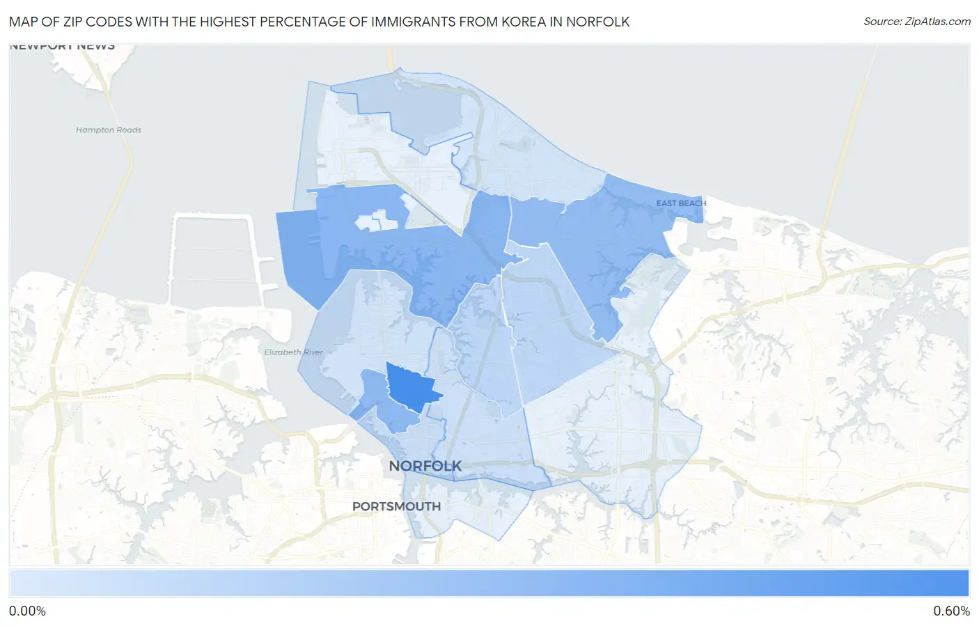 Zip Codes with the Highest Percentage of Immigrants from Korea in Norfolk Map
