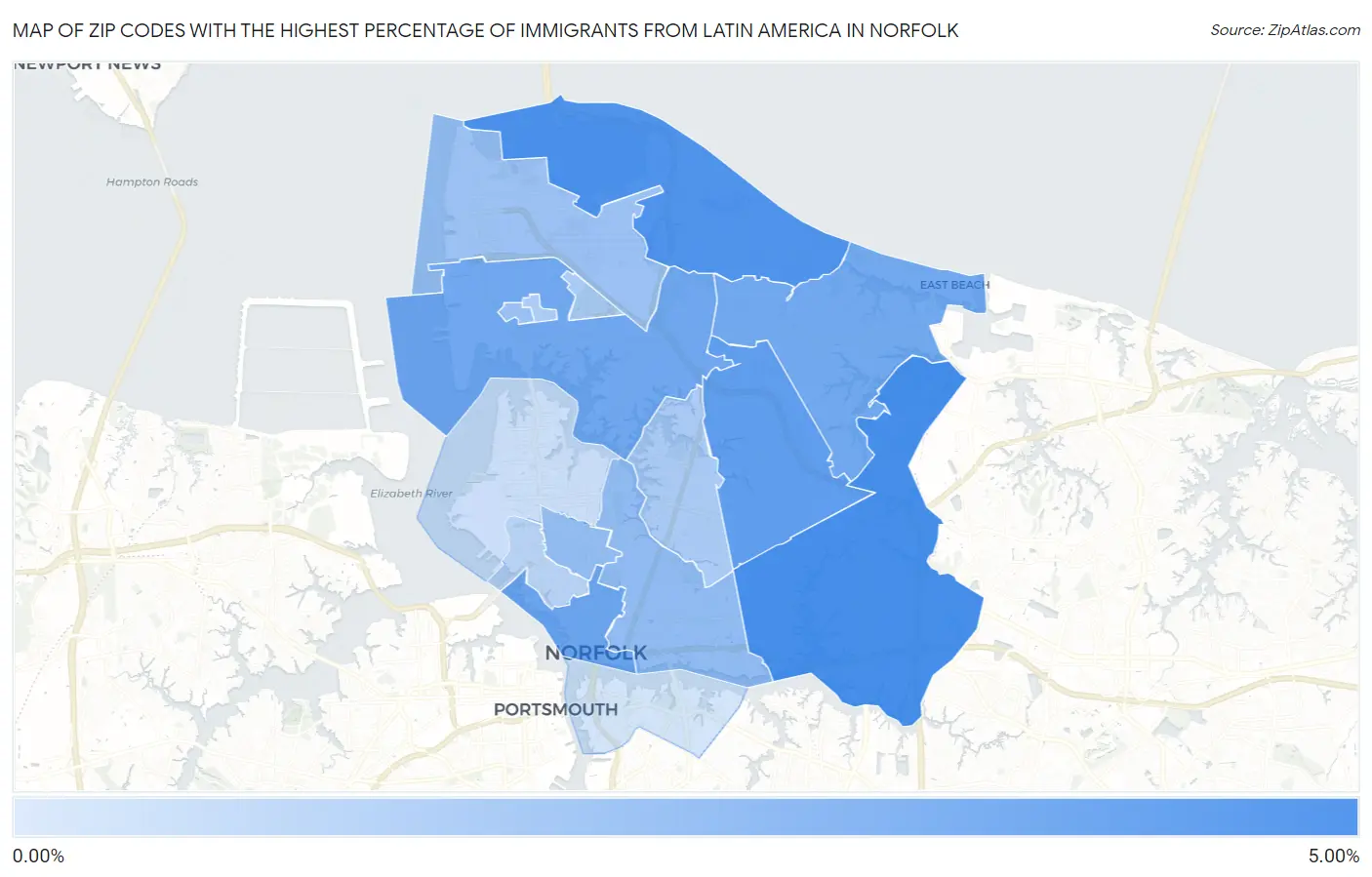 Zip Codes with the Highest Percentage of Immigrants from Latin America in Norfolk Map