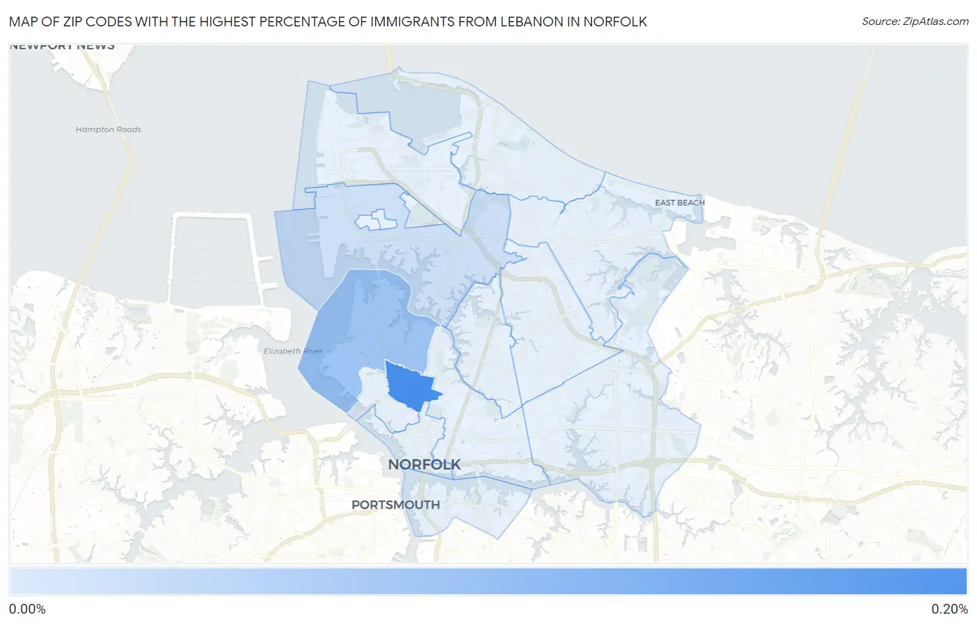 Zip Codes with the Highest Percentage of Immigrants from Lebanon in Norfolk Map