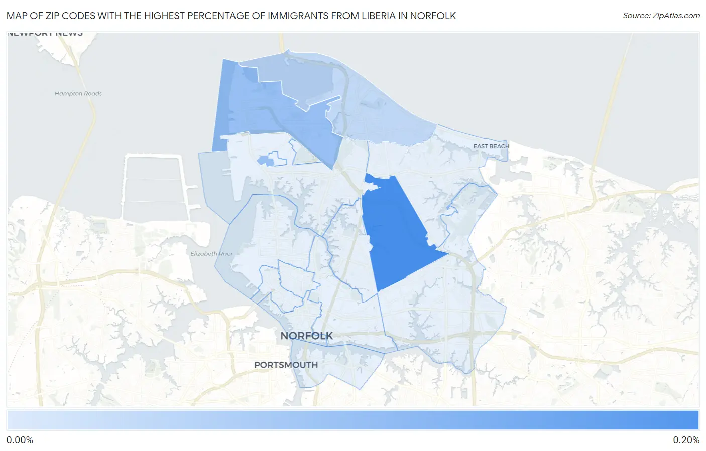 Zip Codes with the Highest Percentage of Immigrants from Liberia in Norfolk Map