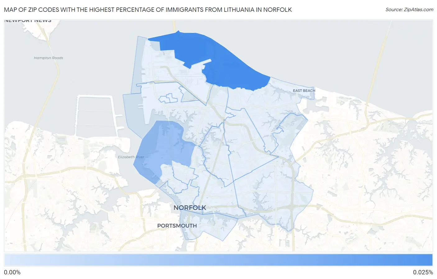 Zip Codes with the Highest Percentage of Immigrants from Lithuania in Norfolk Map