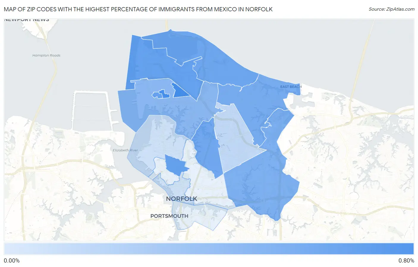 Zip Codes with the Highest Percentage of Immigrants from Mexico in Norfolk Map