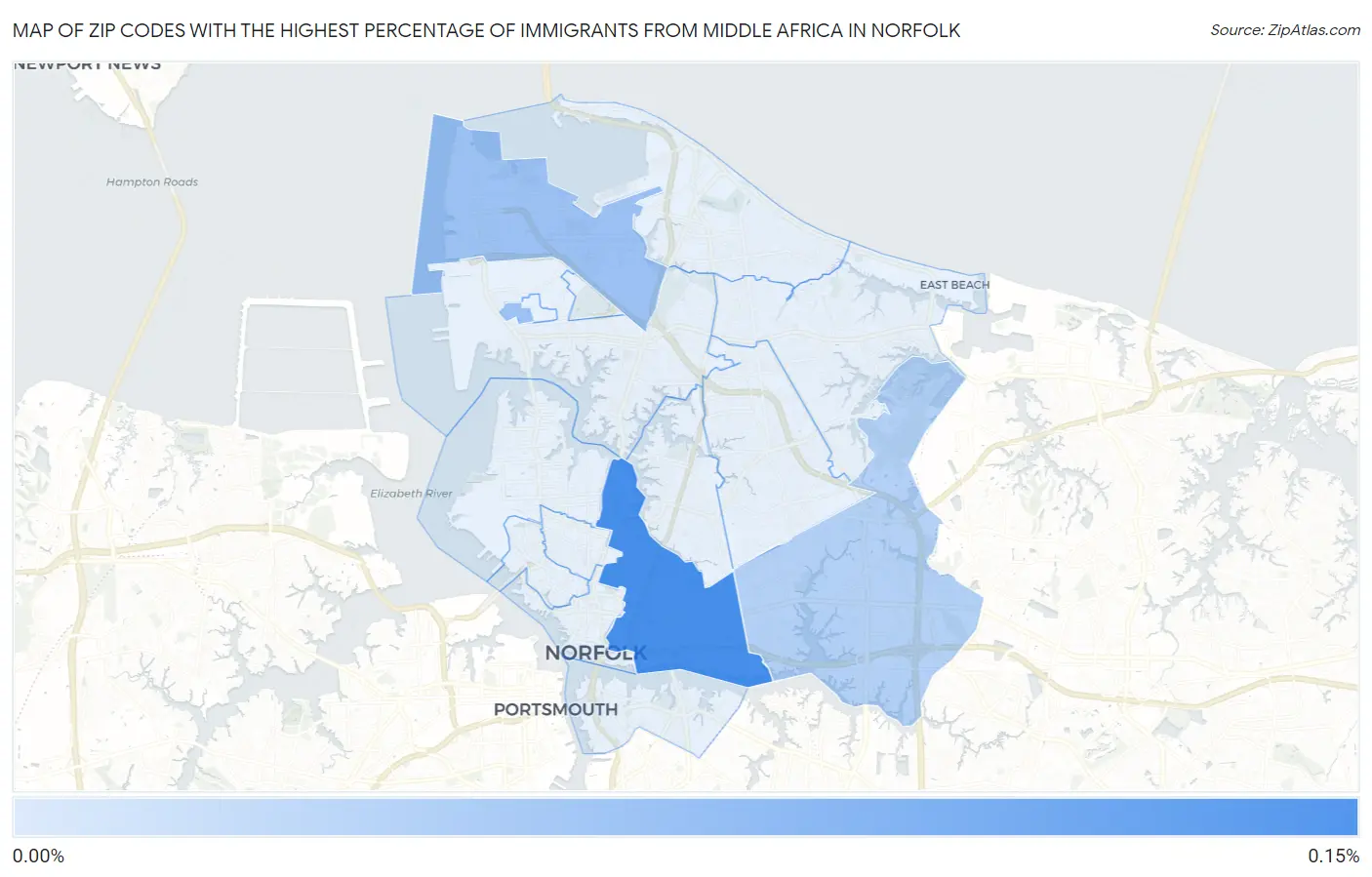 Zip Codes with the Highest Percentage of Immigrants from Middle Africa in Norfolk Map