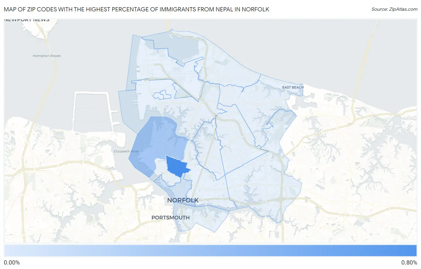 Zip Codes with the Highest Percentage of Immigrants from Nepal in Norfolk Map