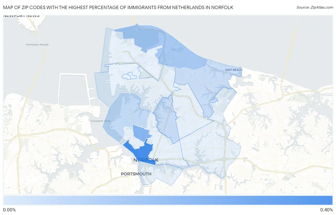 Zip Codes with the Highest Percentage of Immigrants from Netherlands in Norfolk Map