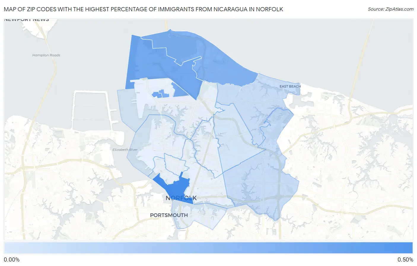 Zip Codes with the Highest Percentage of Immigrants from Nicaragua in Norfolk Map