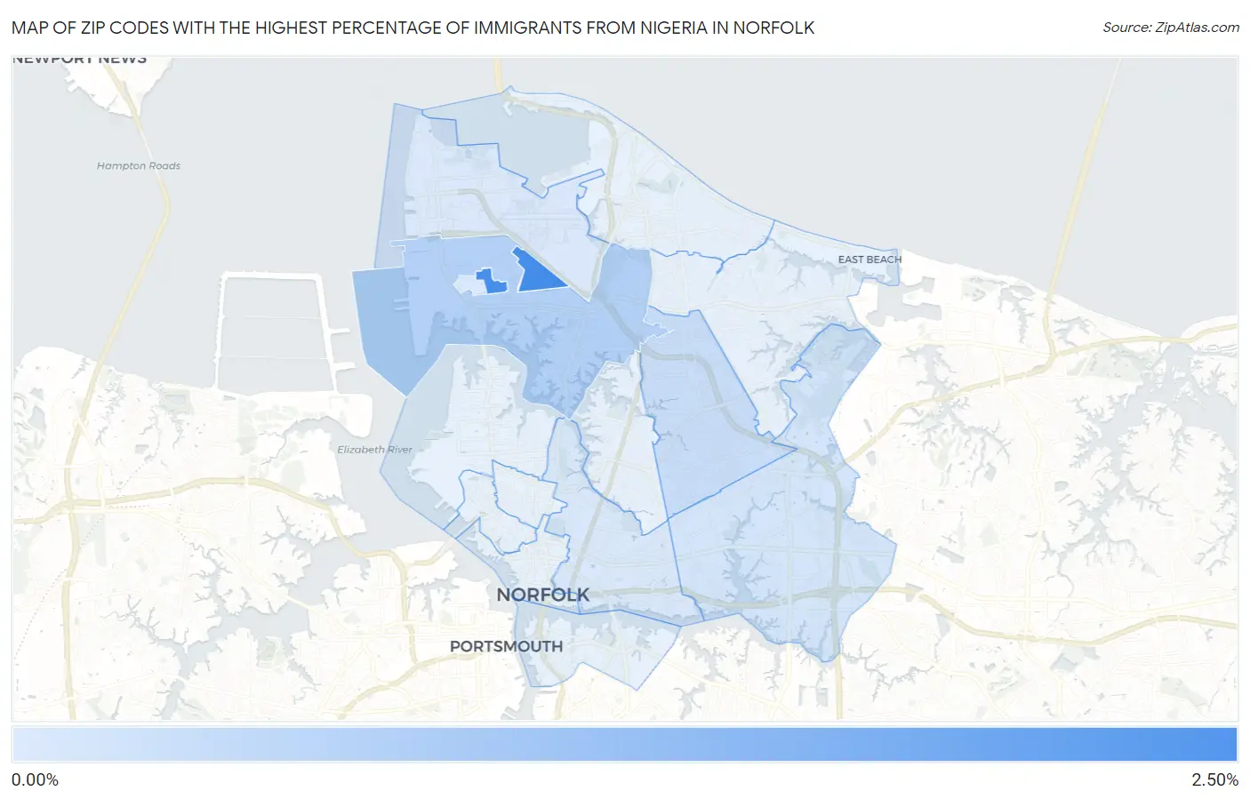 Zip Codes with the Highest Percentage of Immigrants from Nigeria in Norfolk Map