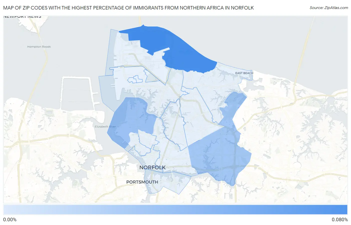 Zip Codes with the Highest Percentage of Immigrants from Northern Africa in Norfolk Map