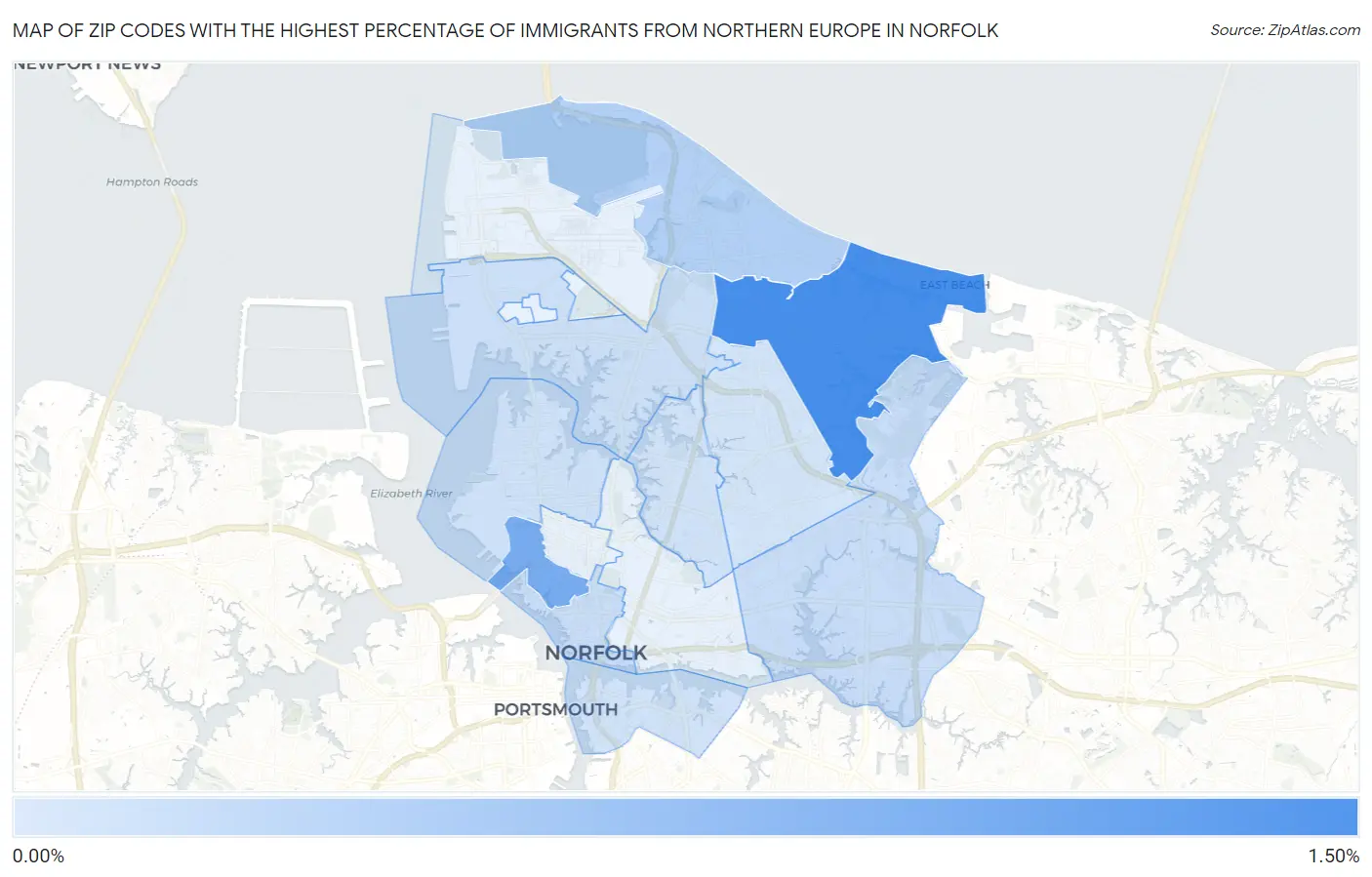 Zip Codes with the Highest Percentage of Immigrants from Northern Europe in Norfolk Map