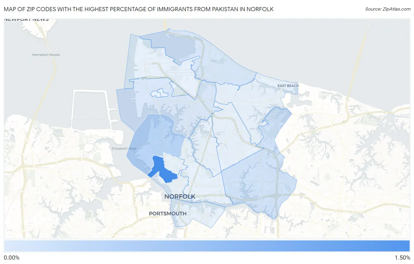 Zip Codes with the Highest Percentage of Immigrants from Pakistan in Norfolk Map