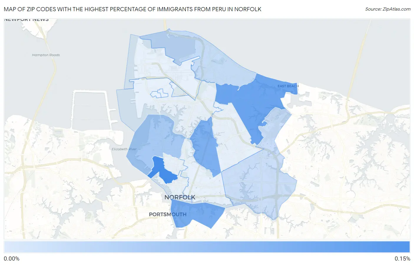 Zip Codes with the Highest Percentage of Immigrants from Peru in Norfolk Map
