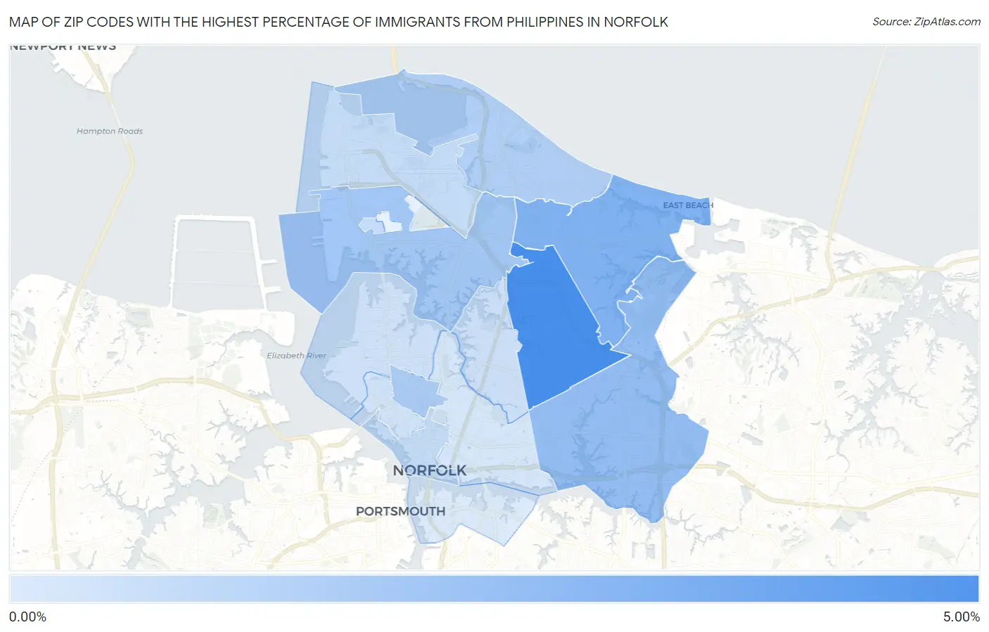 Zip Codes with the Highest Percentage of Immigrants from Philippines in Norfolk Map