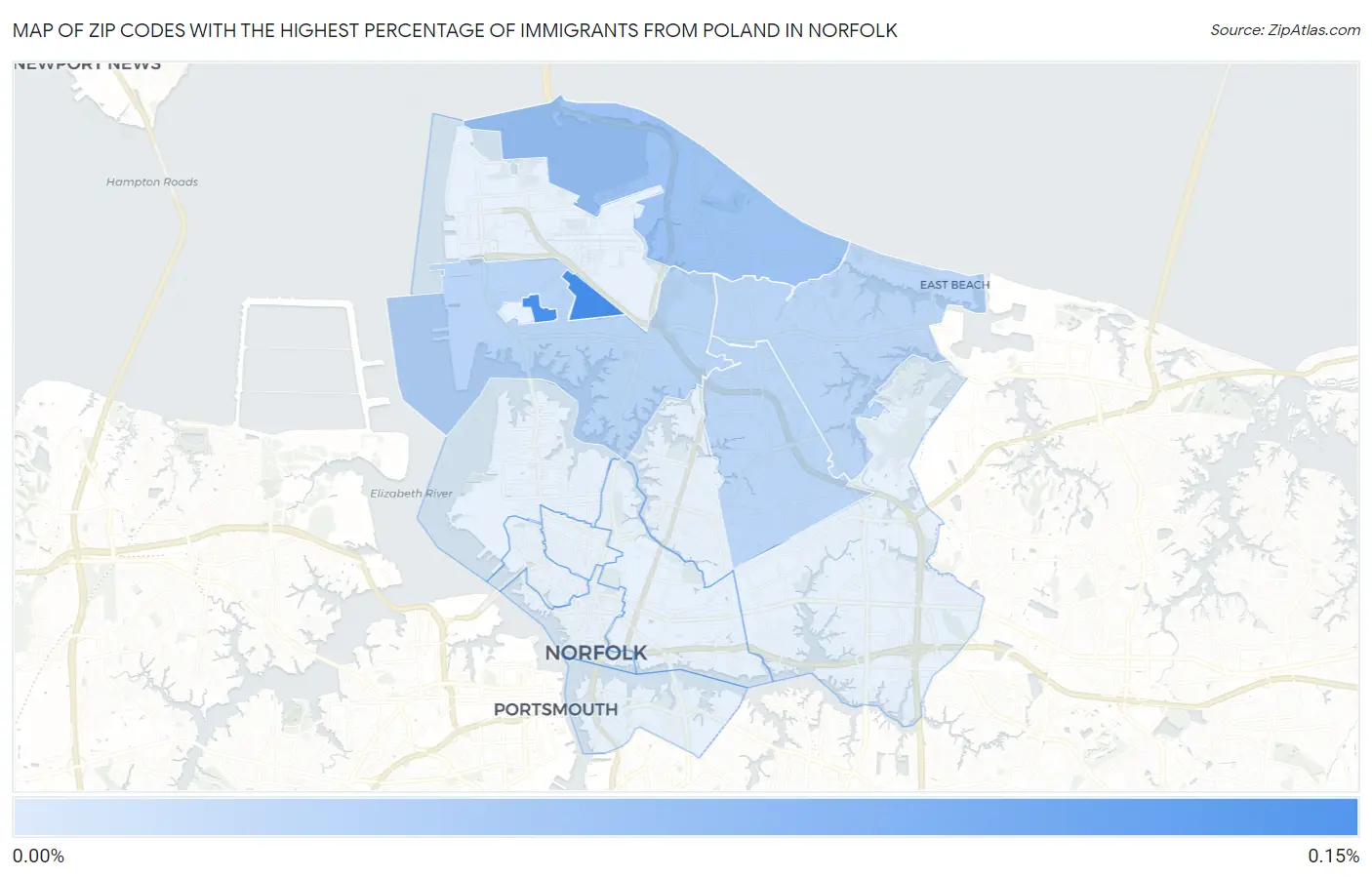 Zip Codes with the Highest Percentage of Immigrants from Poland in Norfolk Map