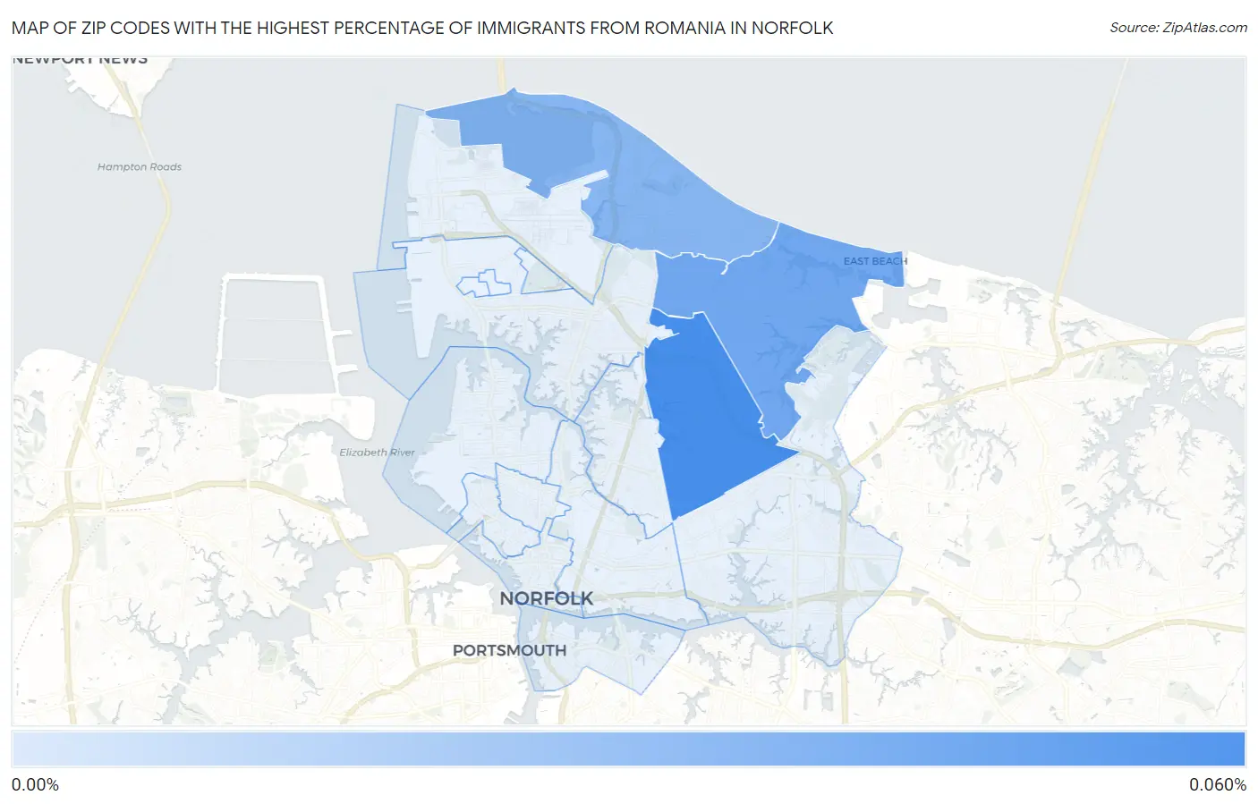 Zip Codes with the Highest Percentage of Immigrants from Romania in Norfolk Map