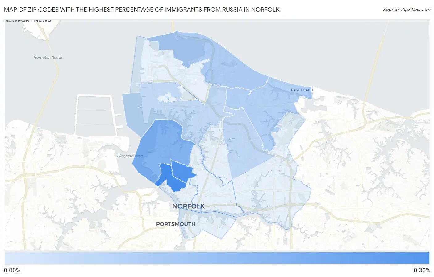Zip Codes with the Highest Percentage of Immigrants from Russia in Norfolk Map