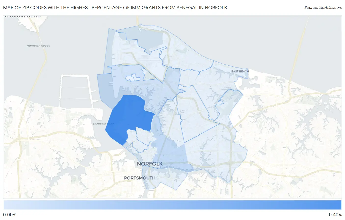 Zip Codes with the Highest Percentage of Immigrants from Senegal in Norfolk Map