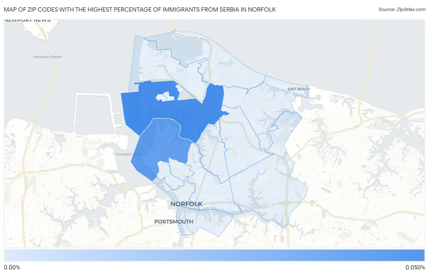 Zip Codes with the Highest Percentage of Immigrants from Serbia in Norfolk Map
