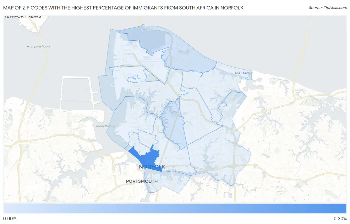 Zip Codes with the Highest Percentage of Immigrants from South Africa in Norfolk Map