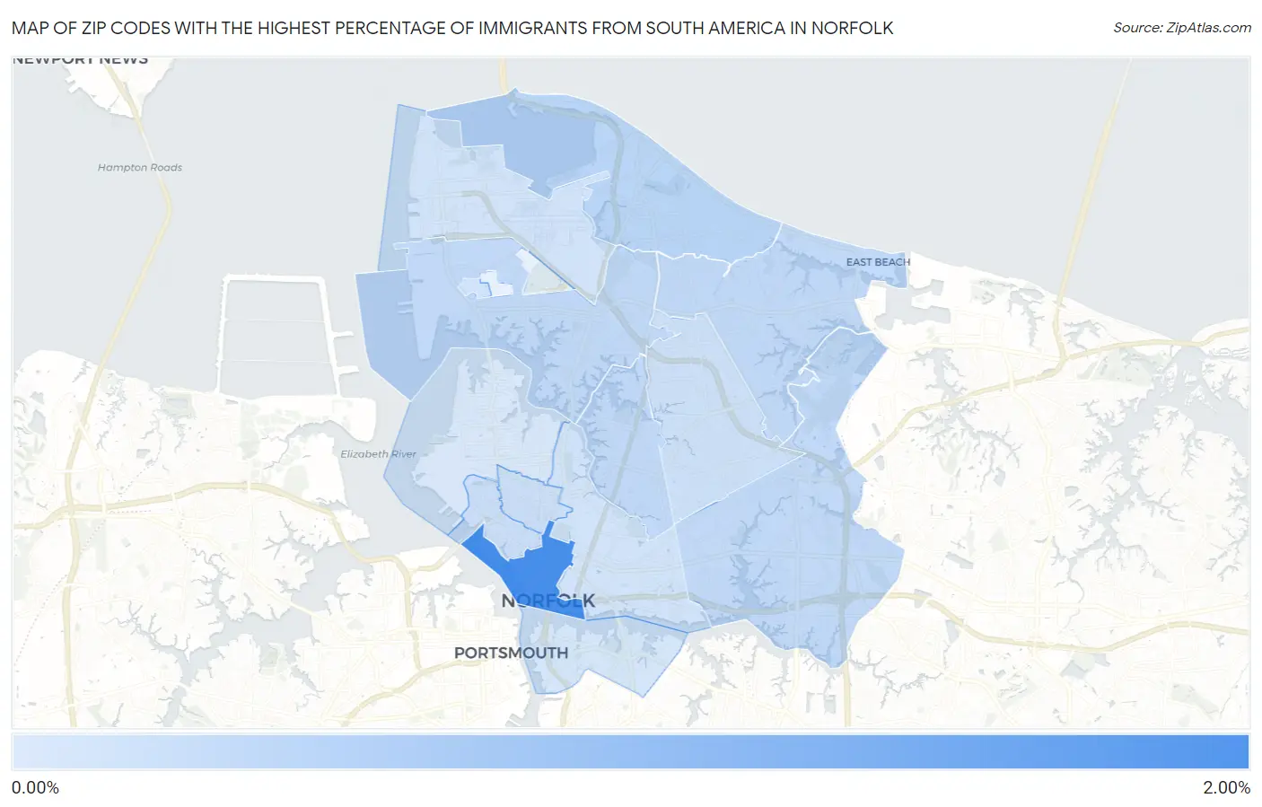 Zip Codes with the Highest Percentage of Immigrants from South America in Norfolk Map