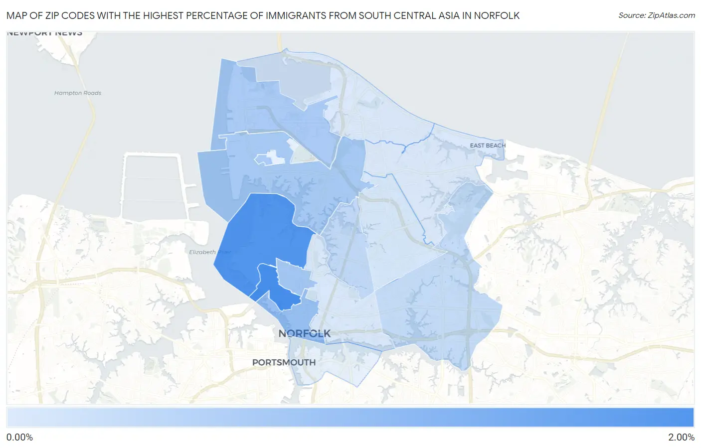 Zip Codes with the Highest Percentage of Immigrants from South Central Asia in Norfolk Map