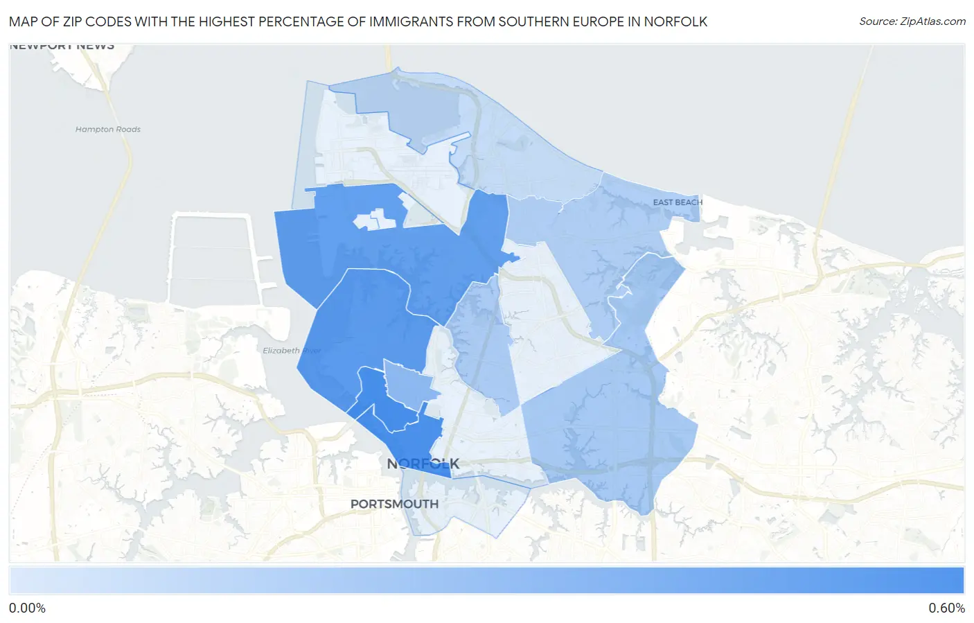 Zip Codes with the Highest Percentage of Immigrants from Southern Europe in Norfolk Map