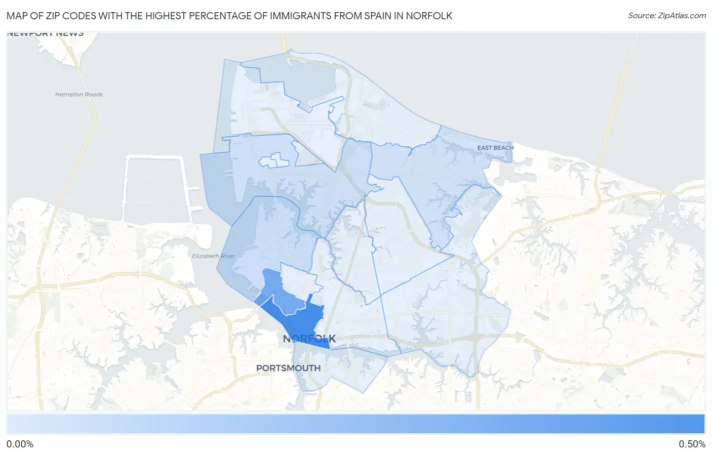 Zip Codes with the Highest Percentage of Immigrants from Spain in Norfolk Map