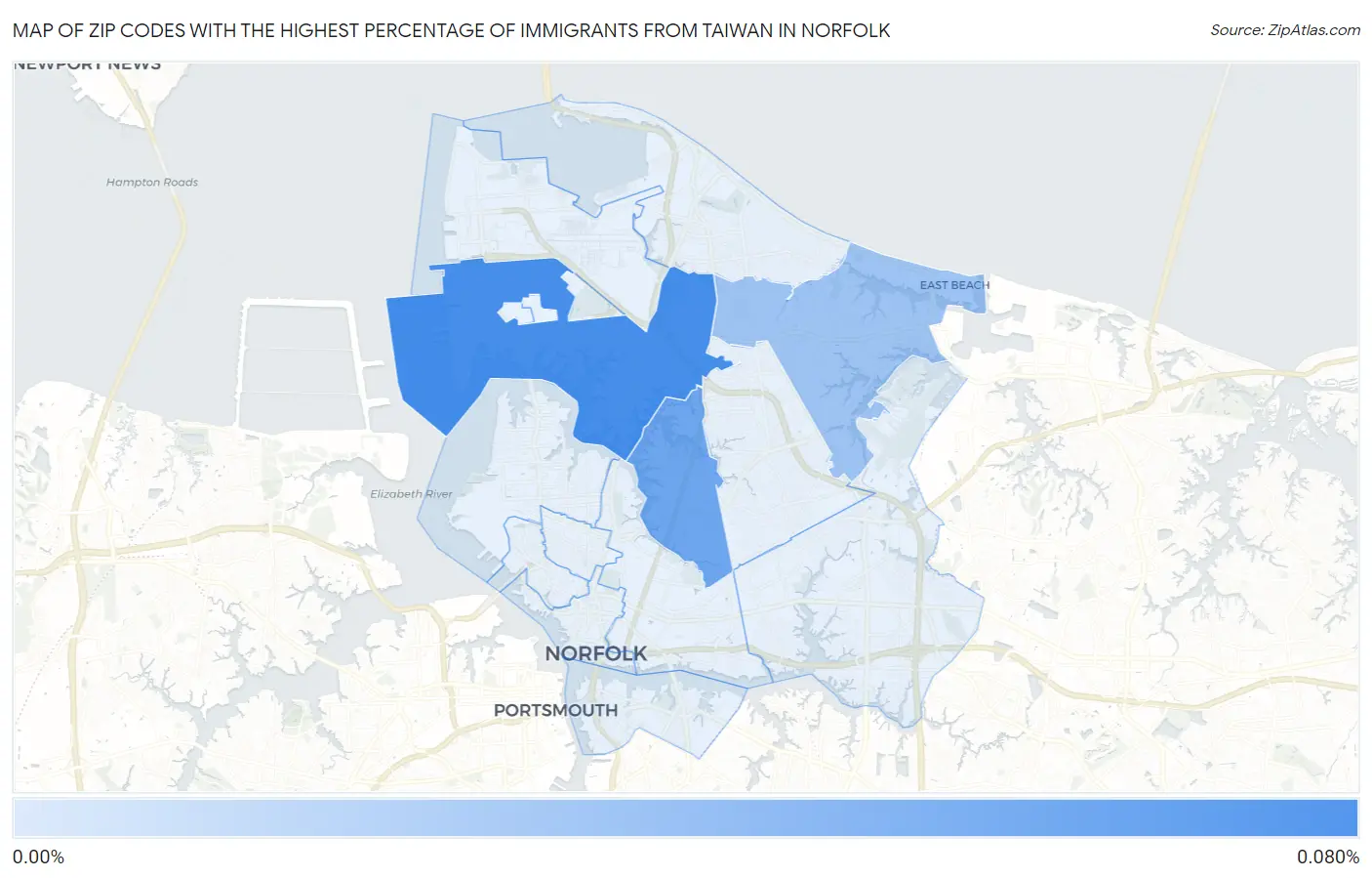 Zip Codes with the Highest Percentage of Immigrants from Taiwan in Norfolk Map