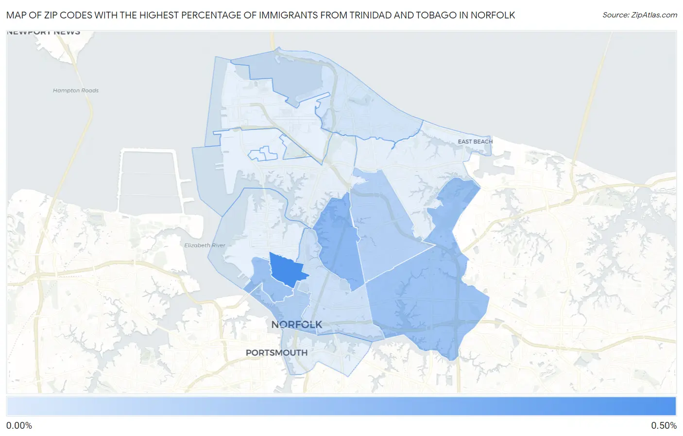 Zip Codes with the Highest Percentage of Immigrants from Trinidad and Tobago in Norfolk Map