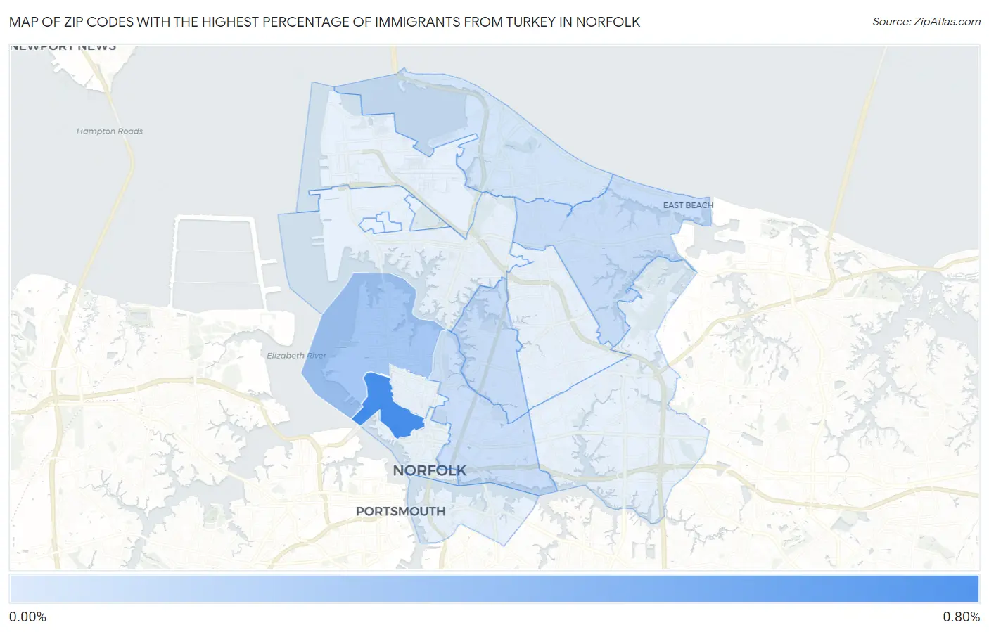 Zip Codes with the Highest Percentage of Immigrants from Turkey in Norfolk Map