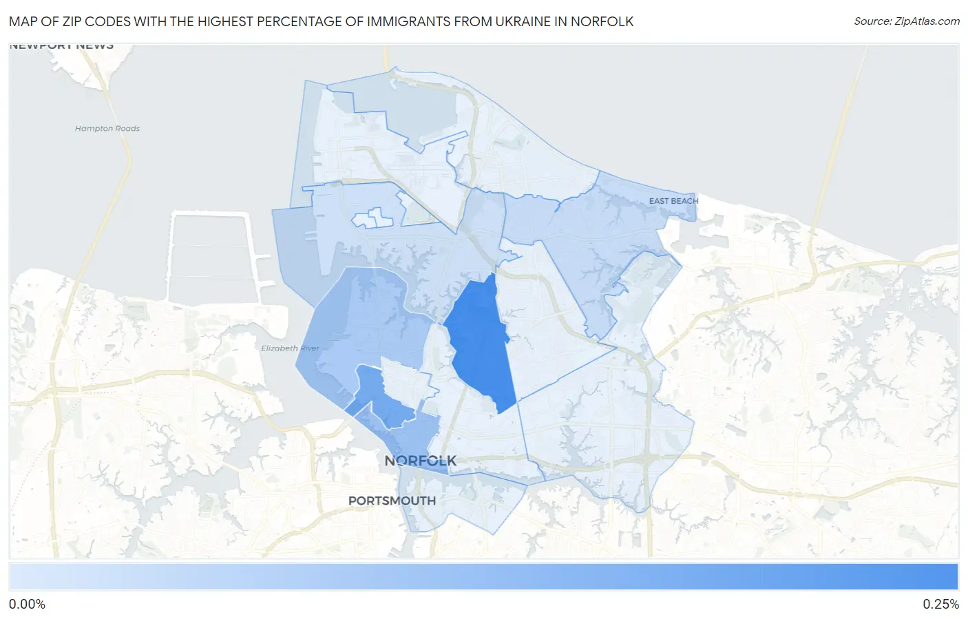 Zip Codes with the Highest Percentage of Immigrants from Ukraine in Norfolk Map