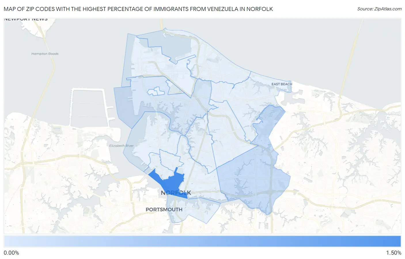 Zip Codes with the Highest Percentage of Immigrants from Venezuela in Norfolk Map