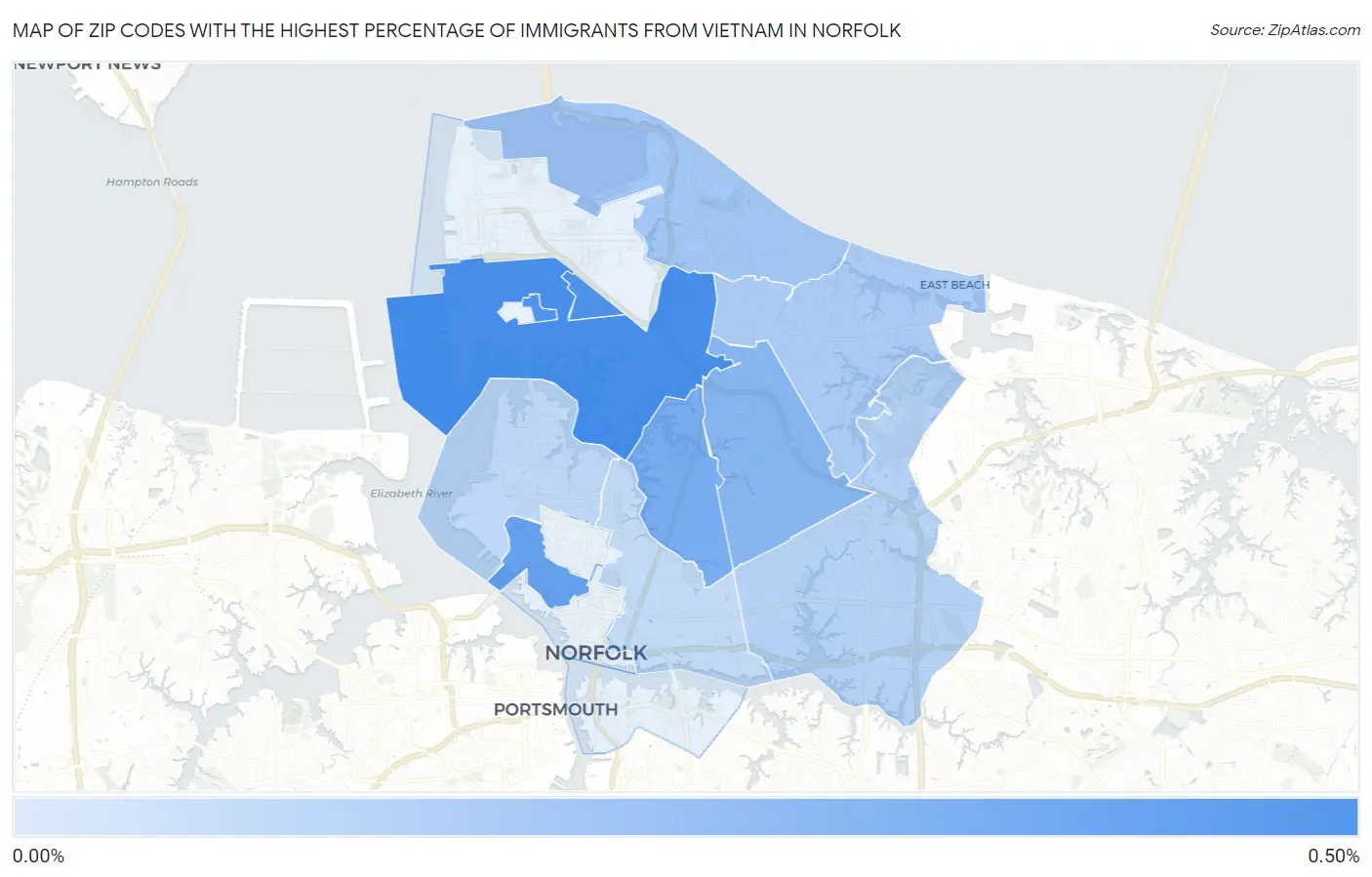 Zip Codes with the Highest Percentage of Immigrants from Vietnam in Norfolk Map
